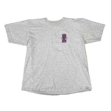 Gray t-shirt with a small logo on a white surface